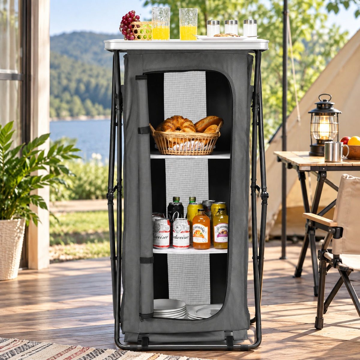 Airfind Folding Camping Storage Cabinet with 3 Shelves and Carry Bag, 33 lbs Weight capacity of each shelf: 11 lbs L: Capacity, Gray