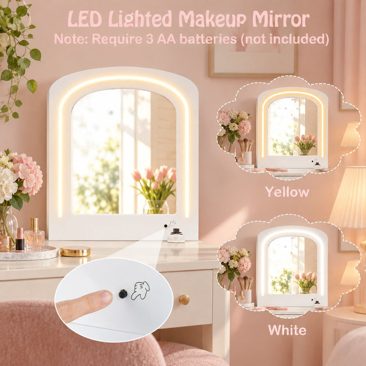 Airfind Kids Vanity Set with Lighted Mirror Makeup Desk and Chair Set with Drawers, 110 lbs Capacity, MDF Frame, for 3+ years old, White
