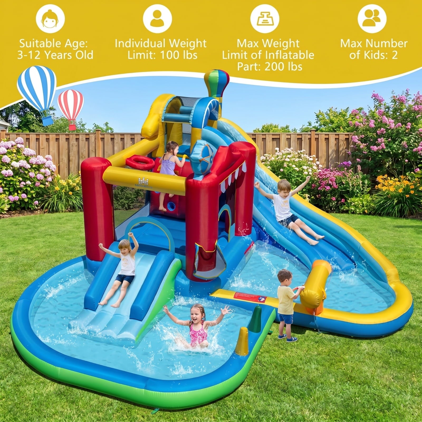 Airfind Inflatable Water Park with Splash Pool, Water Cannon, Basketball Rim and 50 Ball Pit, 188in x183in x102in Bounce House for Birthday Parties Kids 3-12