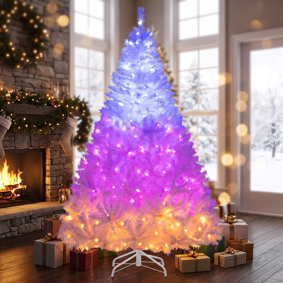 Airfind 6 Feet Artificial Christmas Tree Hinged Pre-Lit Xmas Tree with 11 Lighting Modes, White, Diameter of Stand 18 Inch /22 Inch