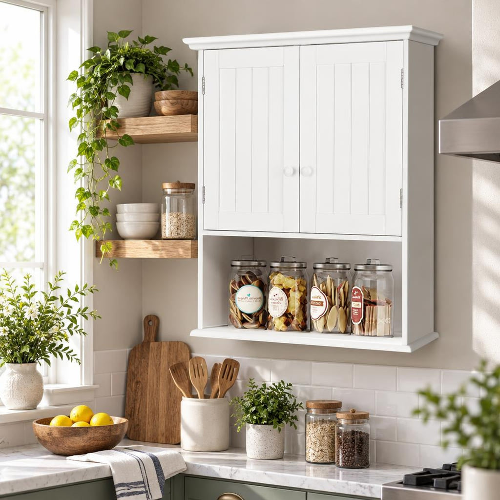 Airfind 2-Door Wall Mount Bathroom Storage Cabinet with Open Shelf, MDF Metal Frame, White, Overall dimension 23.5in x 8in x 28in(L x W
