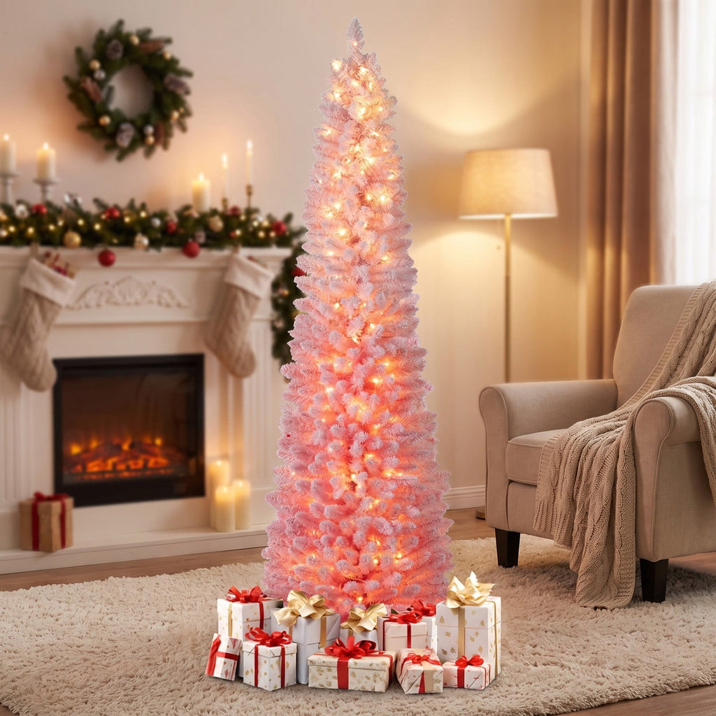 Airfind 7 FTSnow-flocked Artificial Pink Christmas Tree Pre, PVC Metal Tree Height 6 ft / 7 ft Tree Width 1.6 ft / 2 ft Frame, Pink