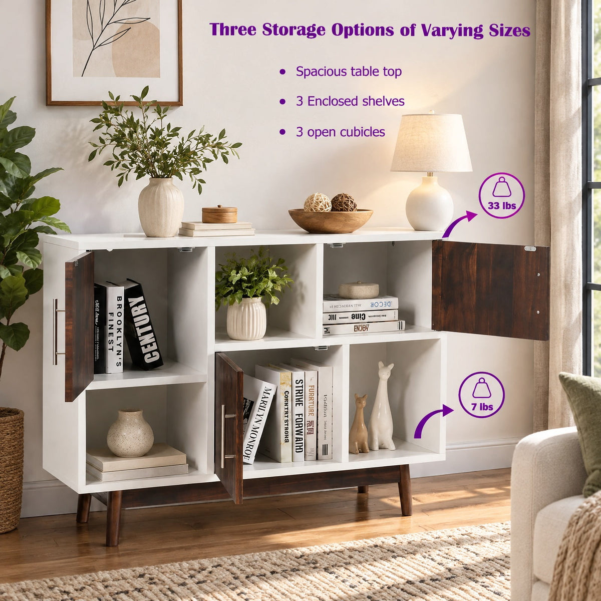 Airfind Wood Display Sideboard Storage Cabinet with Storage Compartments, 33 lbs Capacity, Solid particle board pinewood leg Frame, Wood