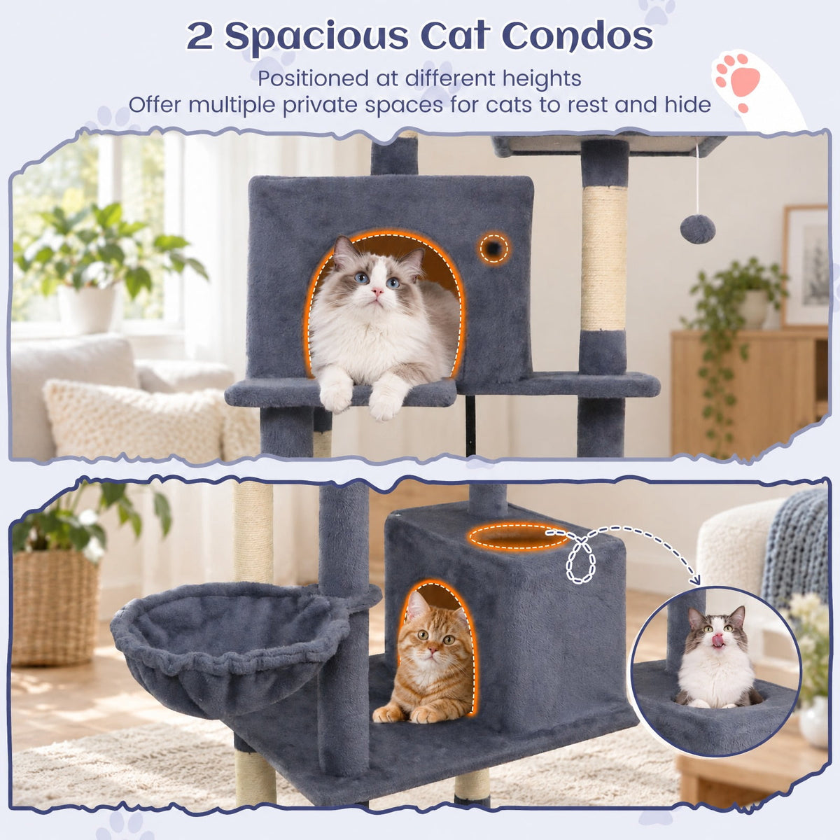 Airfind 80 Inches Tall Cat Tree with 2 Large Condos and Dangling Toys, 33 lbs Capacity, Engineered Board Sisal Plush Fabric Sponge Frame, Dark Gray