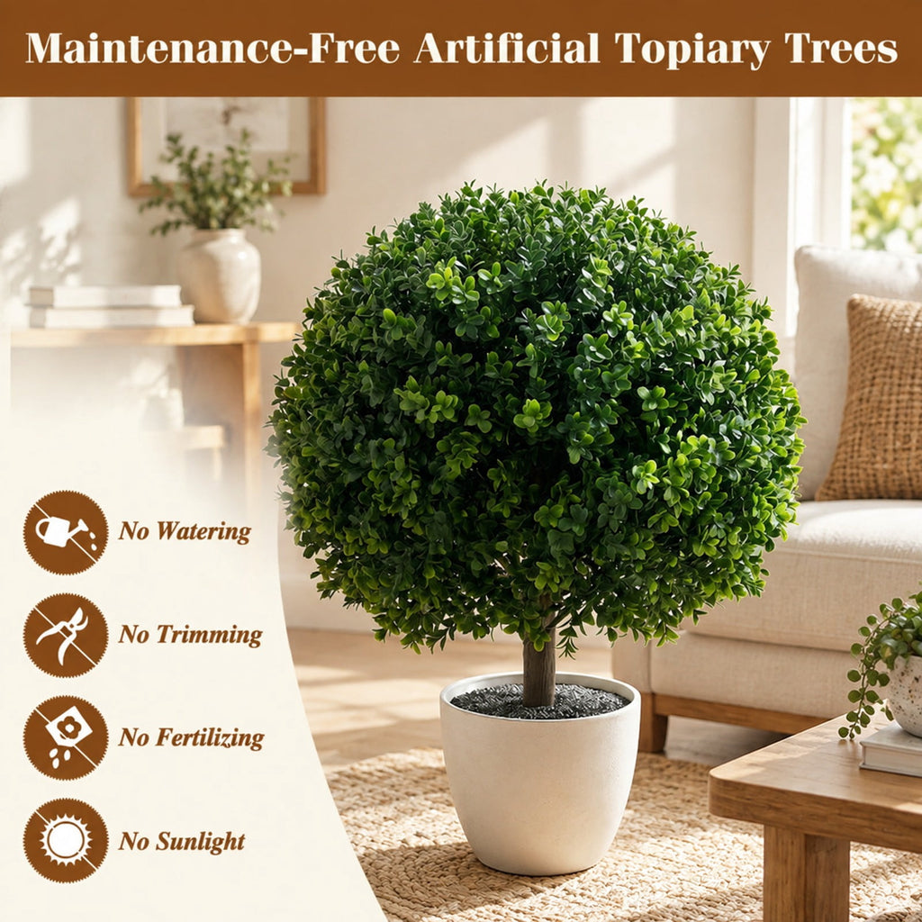 Airfind 27 Inch Artificial Boxwood Topiary Trees Set of 2 with Ground Spikes for Porch Patio, 14 Inch x 27 Inch Length of Ground Spike 8 Inch Total Footprint