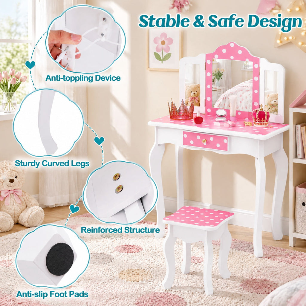 Airfind Princess Pretend Play Makeup Dressing Table with Cute Polka Dot Print, 66 lbs Capacity, MDF Acrylic Frame, for 3-7 Years Old, Pink