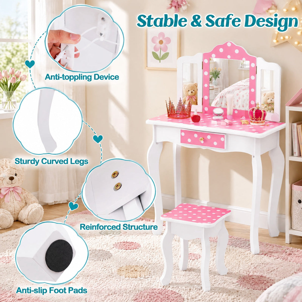 Airfind Princess Pretend Play Makeup Dressing Table with Cute Polka Dot Print, 66 lbs Capacity, MDF Acrylic Frame, for 3-7 Years Old, Pink