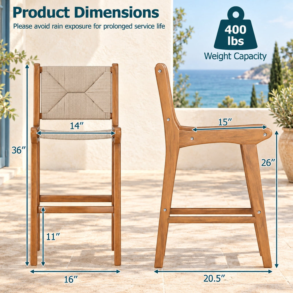 Airfind Set of 4 Outdoor Counter Height Bar Stool Woven Paper Rope Patio Barstool with Teak Wood Frame, 400 lbs Capacity, Wood
