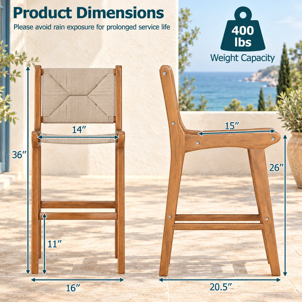 Airfind Set of 4 Outdoor Counter Height Bar Stool Woven Paper Rope Patio Barstool with Teak Wood Frame, 400 lbs Capacity, Wood