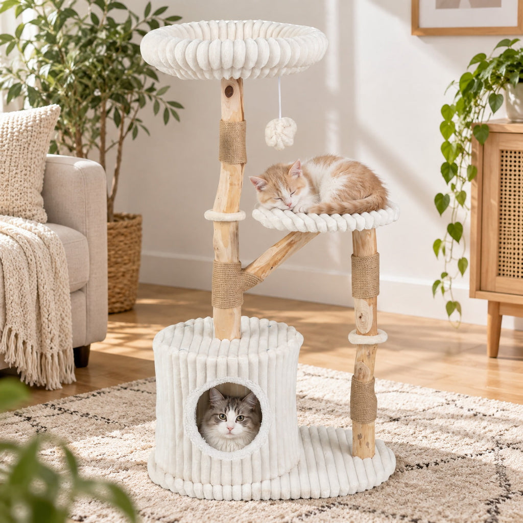 Airfind Solid Wood Cat Tree 41 Inch with Real Branches Scratching Posts and Cozy Bed, 22 lbs Capacity, Pear Wood Frame, 22 x 16 x 41 Footprint