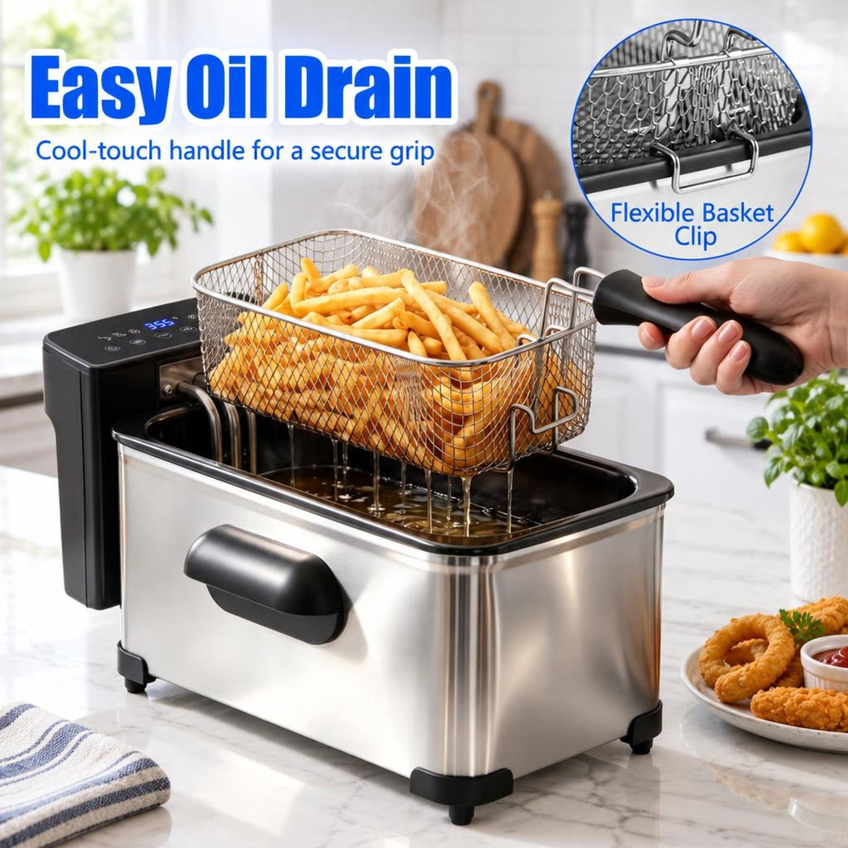 Airfind 3.2-Qt Electric Deep Fryer featuring 1700W LED Touch Screen and Enamel Oil Tank, Stainless Steel PP Enamel Frame, Silver