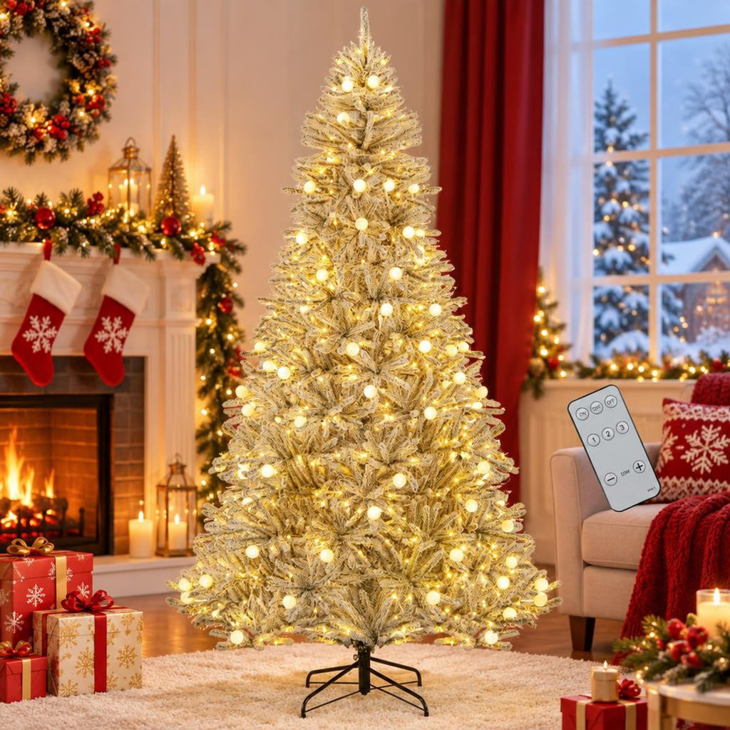 Airfind 8 Feet Snow-flocked Artificial Christmas Tree Pre-lit Hinged with 81 Sphere Lights and Remote, Green White