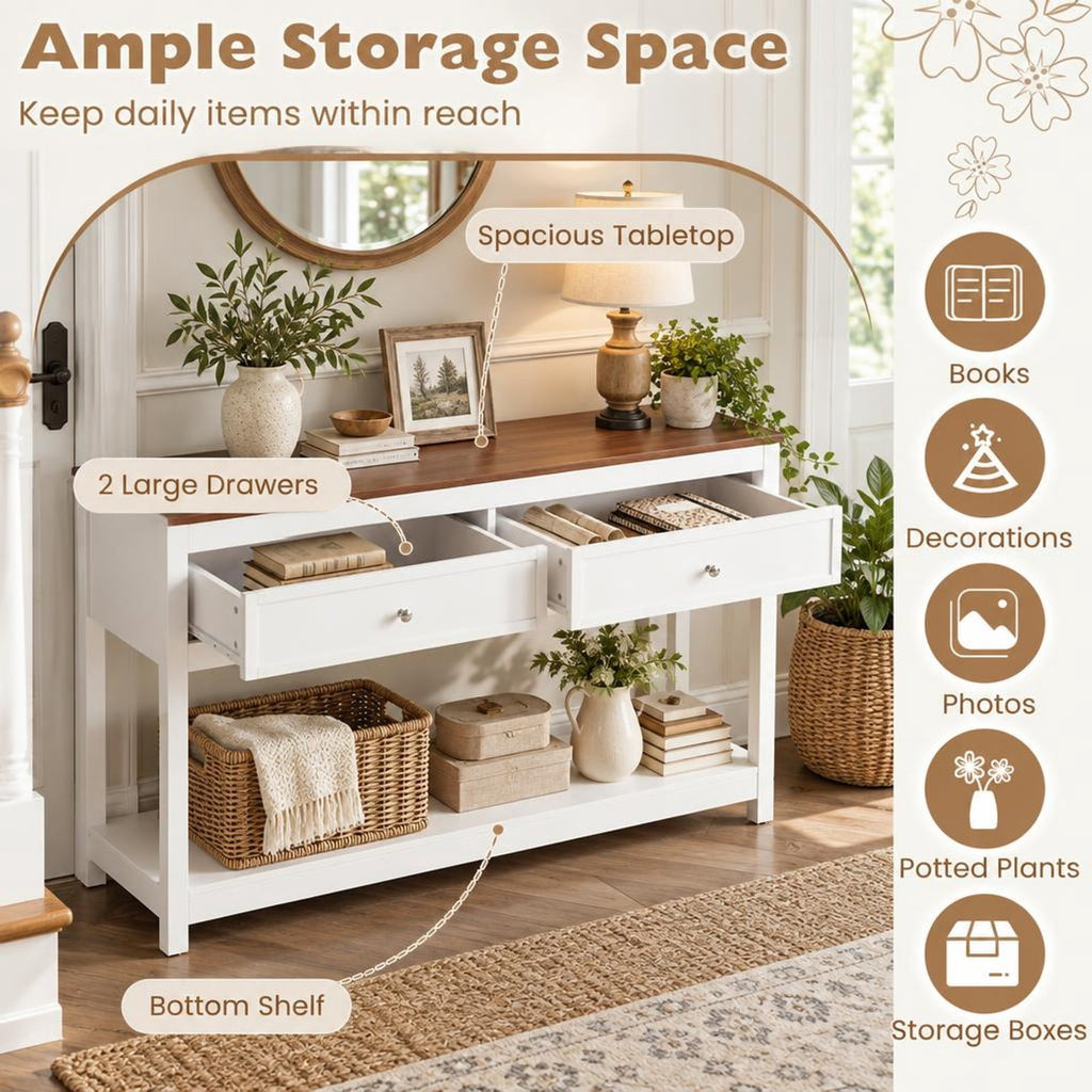 Airfind Farmhouse Console Table Entryway Sofa Table Featuring 2 Drawers and Open Storage Shelf for Living Room, 165 Lb Capacity, White