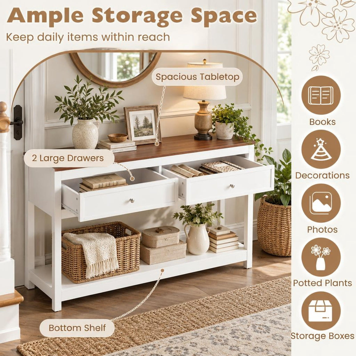 Airfind Farmhouse Console Table Entryway Sofa Table Featuring 2 Drawers and Open Storage Shelf for Living Room, 165 Lb Capacity, White