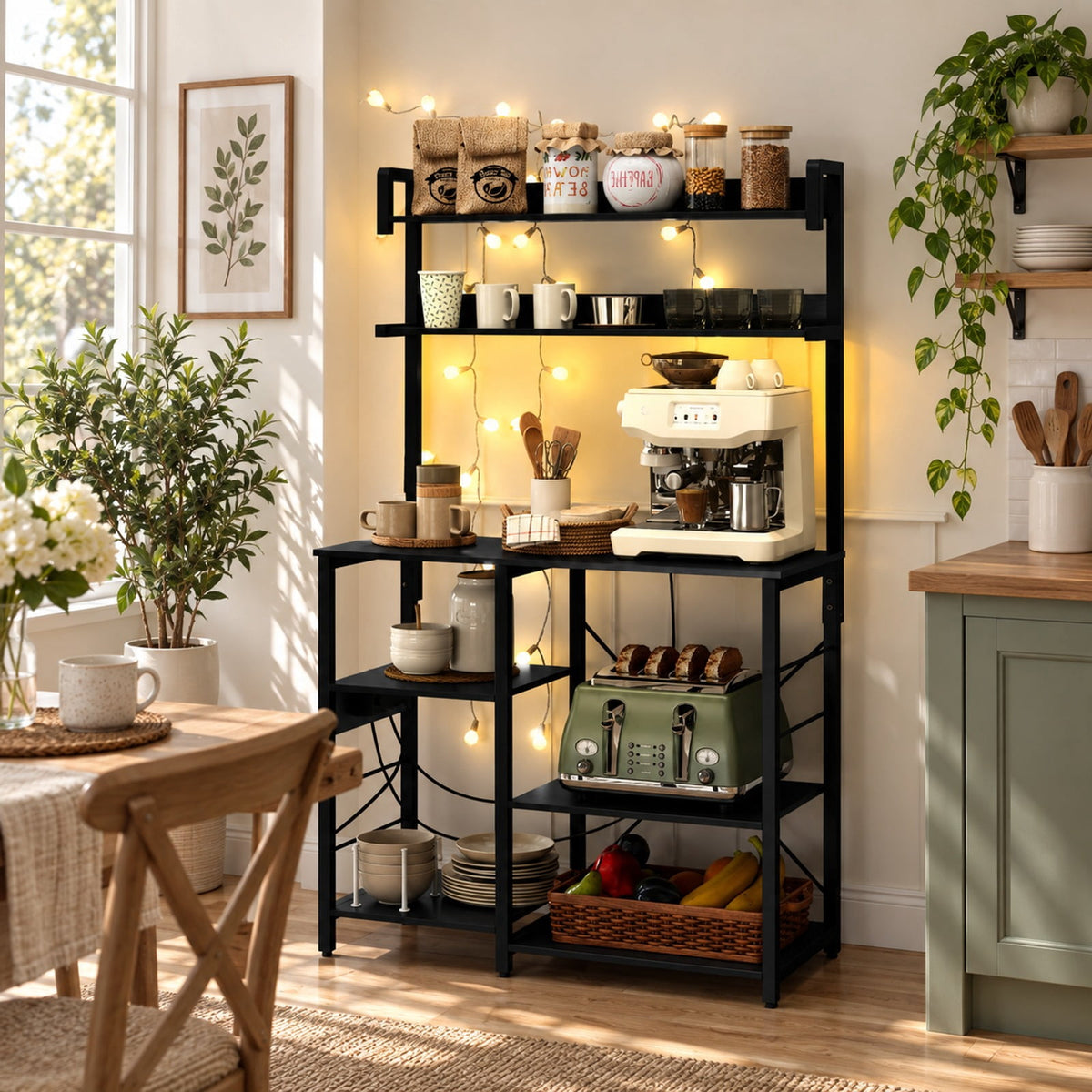 Airfind Kitchen Bakers Rack with Power Outlet 5, Tier Microwave Oven Stand with LED Lights, Black, Adjustable in 10 brightness levels and 10 speeds