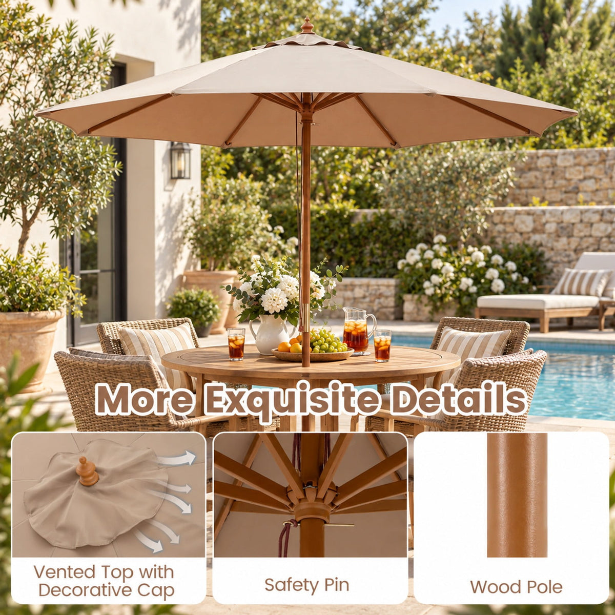 Airfind 9 FT Patio Umbrella Outdoor Table Market Umbrella with 8 Sturdy Bamboo Ribs, Polyester Fabric Bamboo Umbrella Frame, Brown