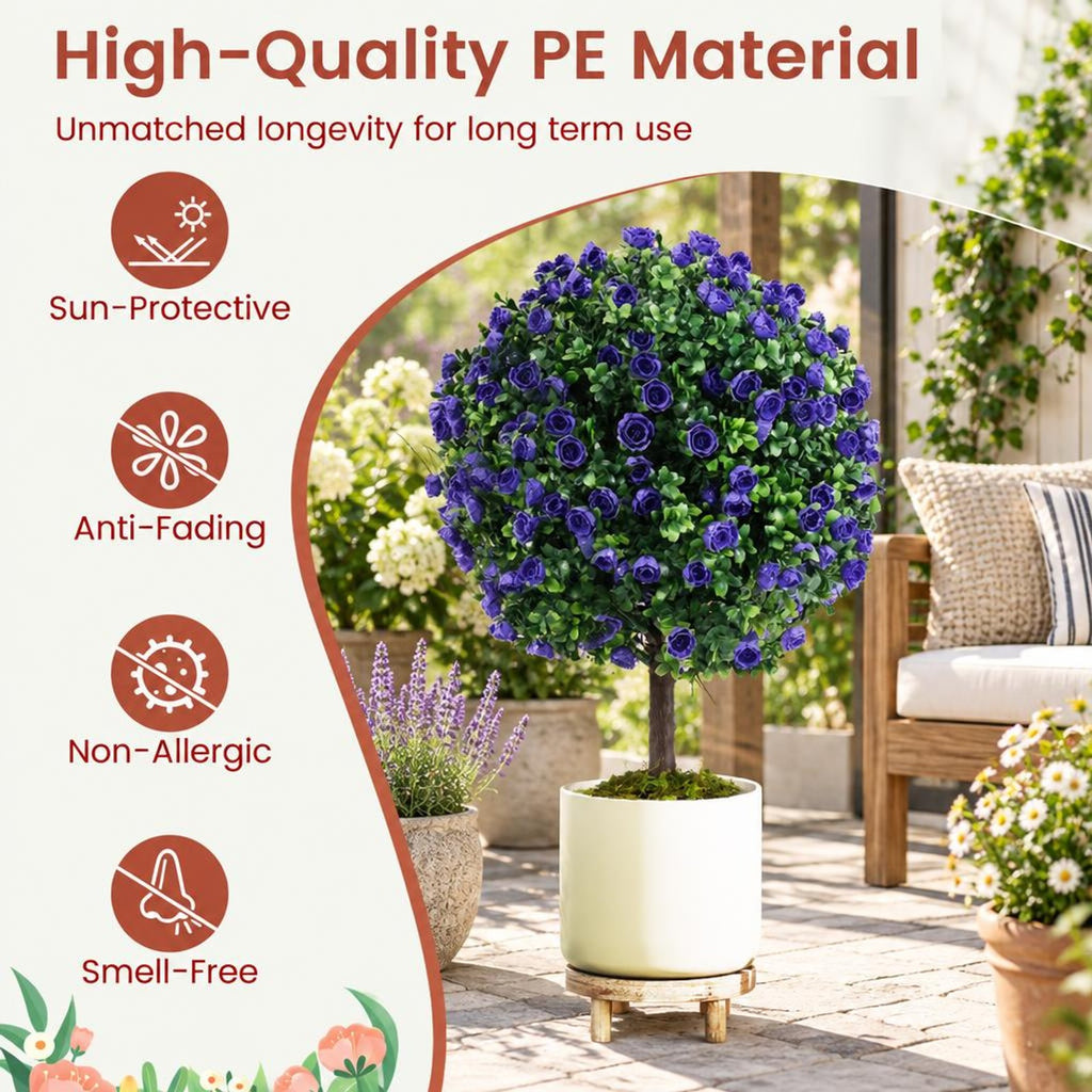 Airfind 22 Inch Set of 2 Artificial Purple Rose Topiary Ball Trees with Cement-Filled Pot, PE PP Cement Overall Height 22 Inch, Purple