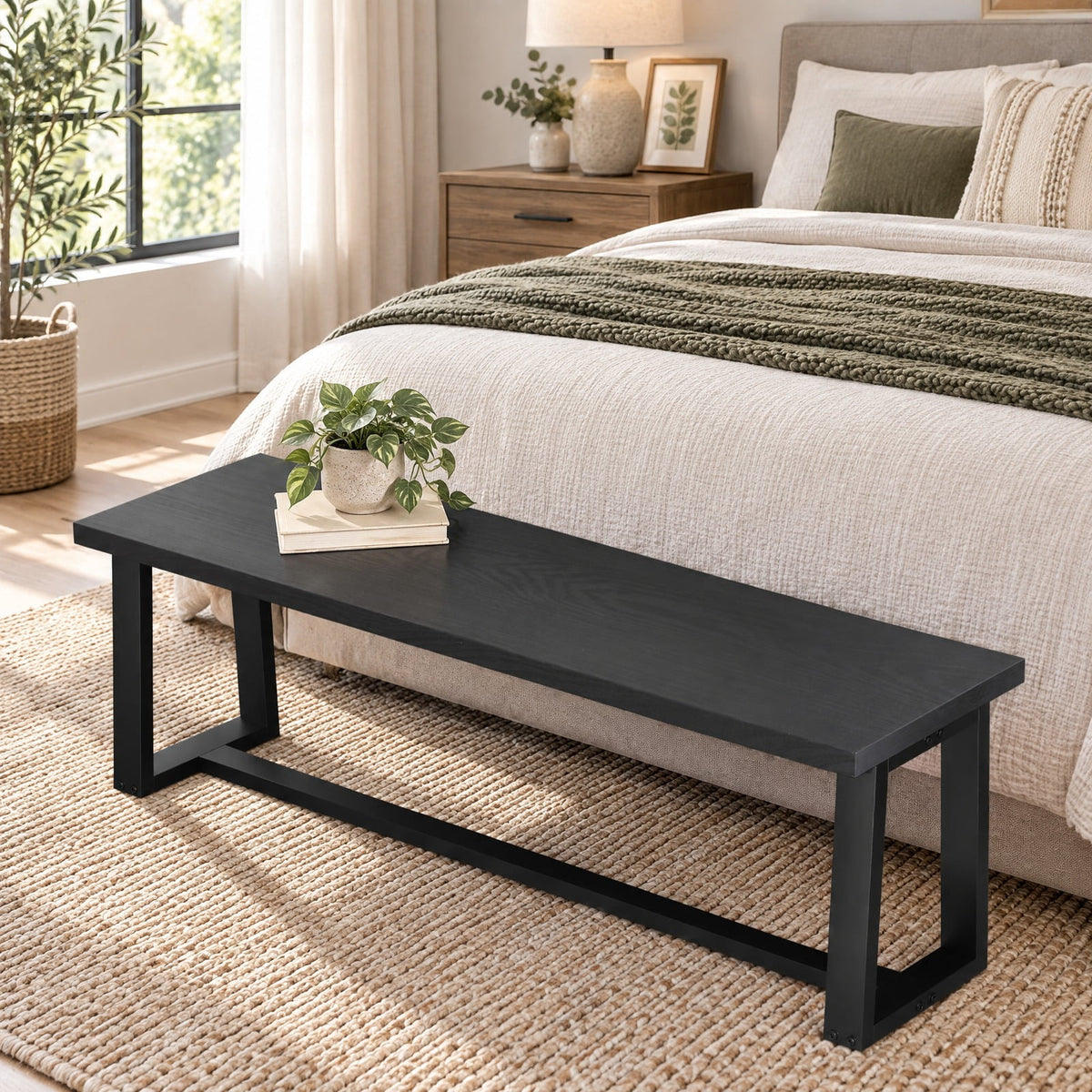 Airfind Wood Dining Bench with Metal Frame and Adjustable Footpads, 56.5 Inch x 16.5 Inch x 18 Inch Weight Footprint, Black