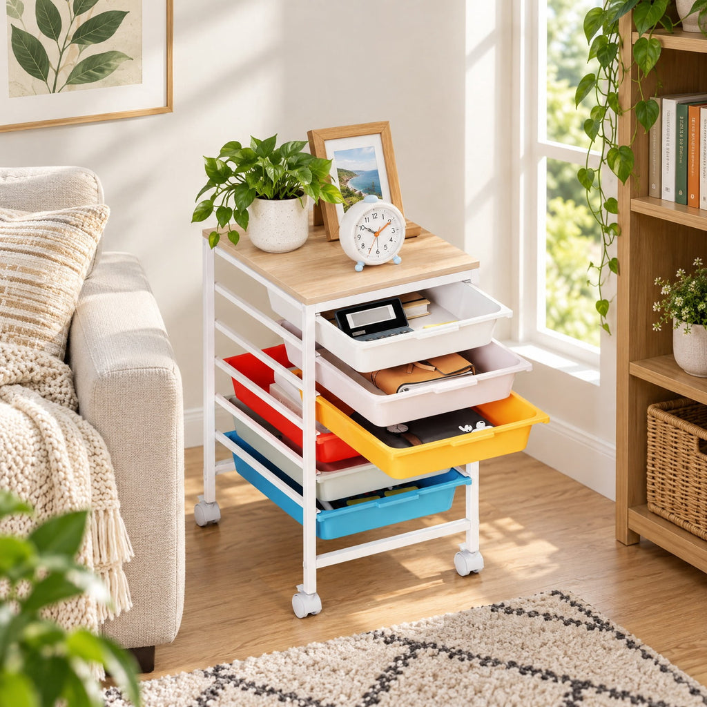 Airfind 6-Drawer Rolling Storage Cart with Wooden Tabletop, 35 lbs Capacity, MDF PP Metal, 14.5 Inch x 13 Inch x 22.5 Inch , Natural + White