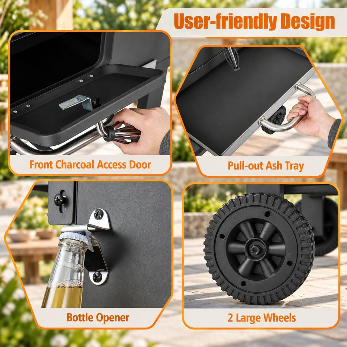 Airfind Outdoor BBQ Charcoal Grill with 2 Foldable Side Table and Wheels, Steel PP Frame, 50.5 Inch x 21 Inch x 46 Inch Footprint, Black