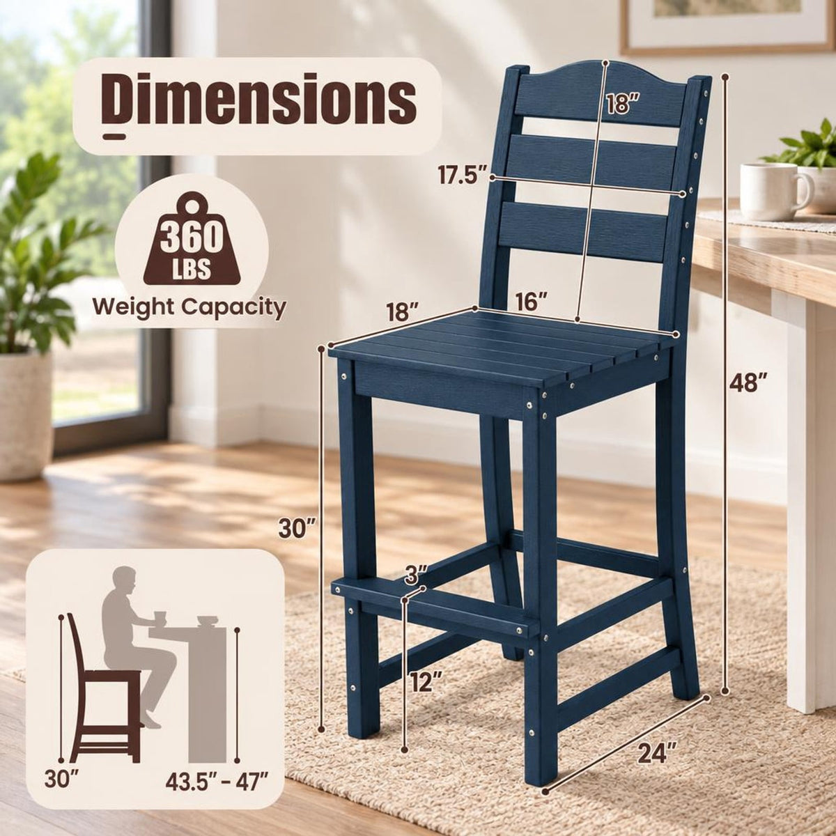 Airfind 30 Inches Counter Height HDPE Bar Stool with Backrest and Footrest, 360 lbs Capacity, HDPE Frame, Navy