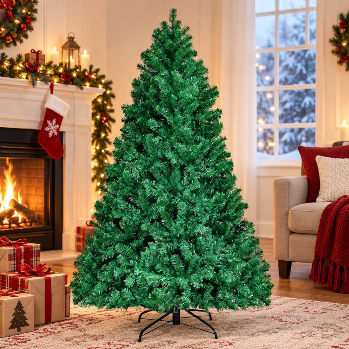 Airfind 7.5 Feet PVC Artificial Christmas Tree with LED Lights-7.5 ft, PVC iron Frame, 4.3 x 7.5 H Footprint, Green