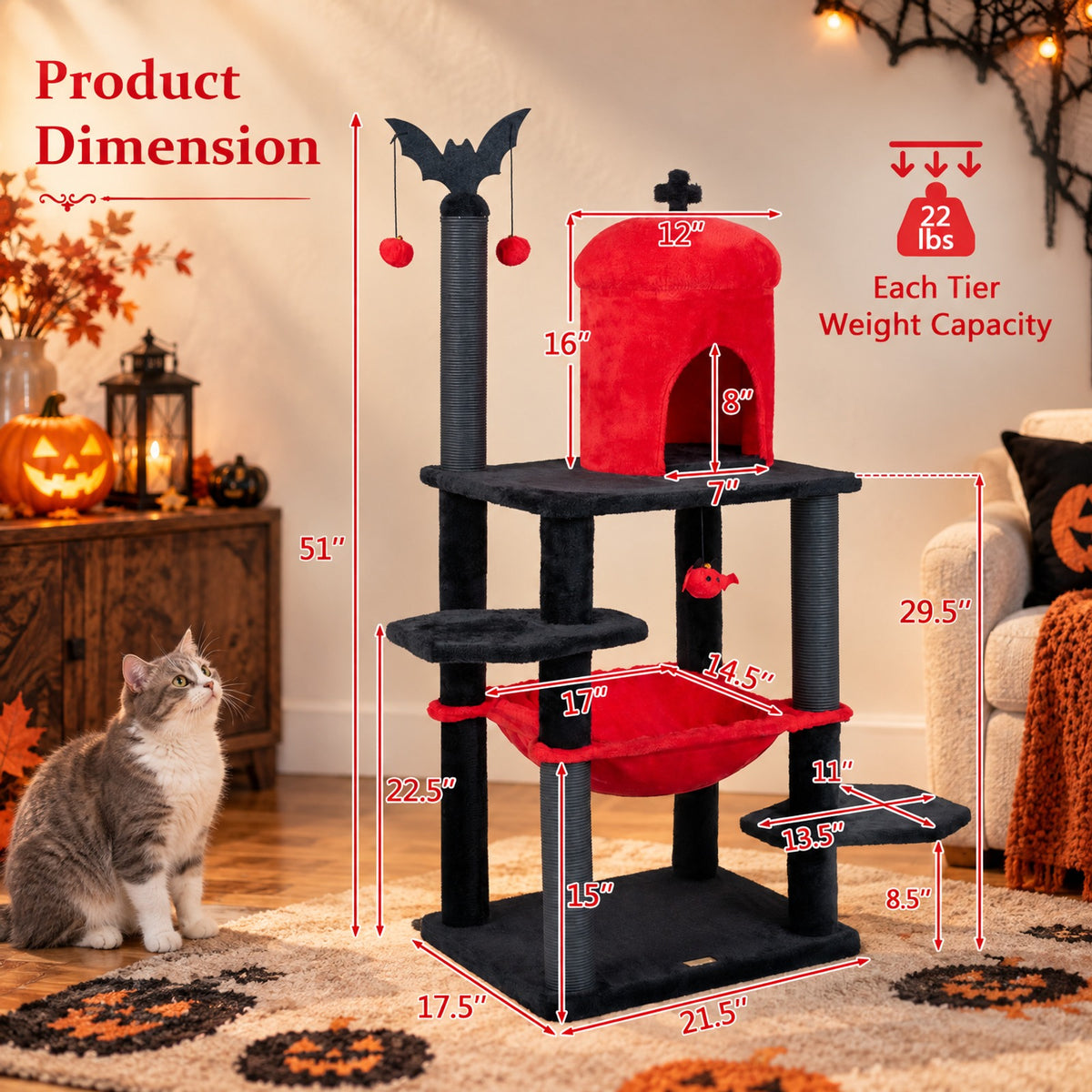 Airfind 51in Gothic Multi-level Cat Tree with Spider Hanging Toy for Black Halloween, 22 lbs Capacity, Red