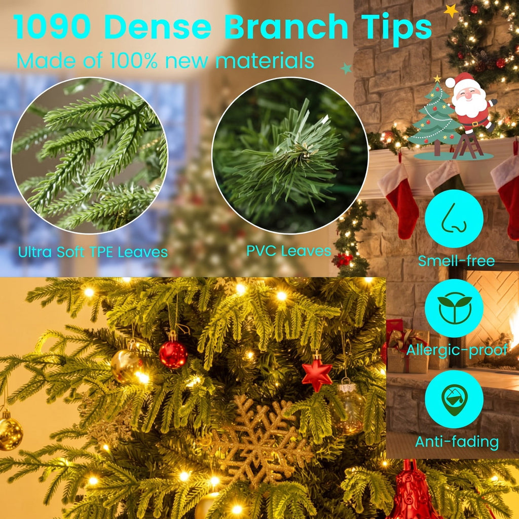Airfind Artificial Christmas Tree with LED Lights and PVC Mixed Branch Tips-7, TPE PVC Metal Tree Height 6/7/8 ft Tree Width 3.9/4.3/4.7 ft Frame