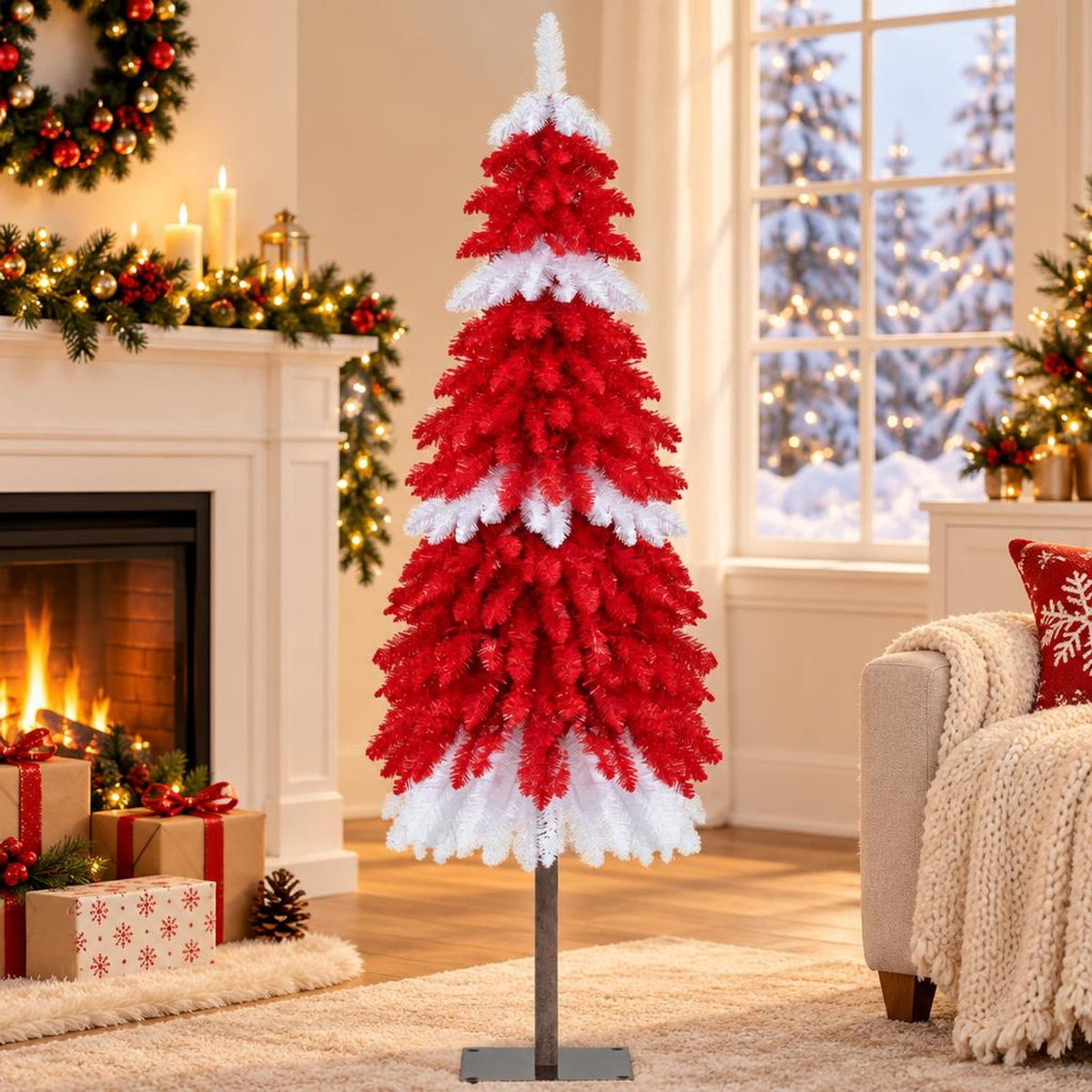 Airfind 5 FT Artificial Christmas Tree Pre-lit Xmas Trees with 301 Red and White Branch Tips, PVC Metal Tree Height 5 ft Tree Width 24in Base Frame