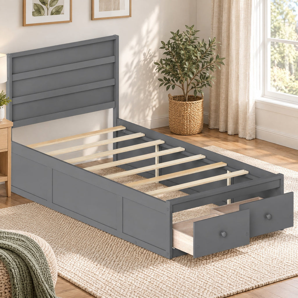 Airfind Twin Size Bed Frame with Storage Drawers and Headboard, 350 lbs Capacity, Solid Wood Plywood Engineered Wood MDF Frame, White