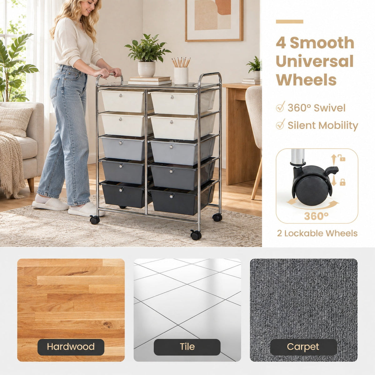 Airfind 10-Drawer Rolling Storage Cart-Beige and Gray, 22 lbs Capacity, Metal PP Frame, 26in x 14.5in x 34in Footprint, Beige