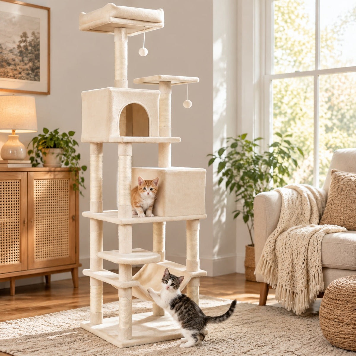 Airfind Multi-level Cat Tree Modern Cat Tower with Upholstered Perch and 2 Cat Condo, 24 x 18.5 Footprint, Beige