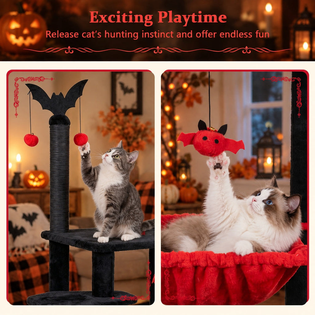 Airfind 51in Gothic Multi-level Cat Tree with Spider Hanging Toy for Black Halloween, 22 lbs Capacity, Red