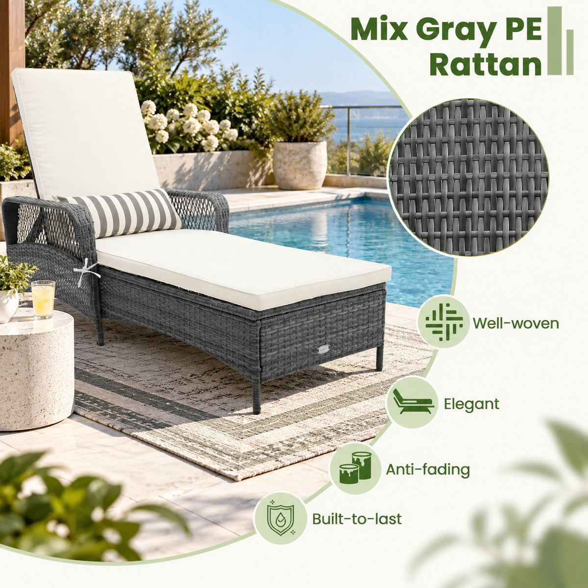 Airfind Outdoor Chaise Lounge Chair Recliner with 6, 400 lbs Capacity, Metal PE Rattan Polyester Fabric Spray-bonded Non-woven Fabric Sponge Frame