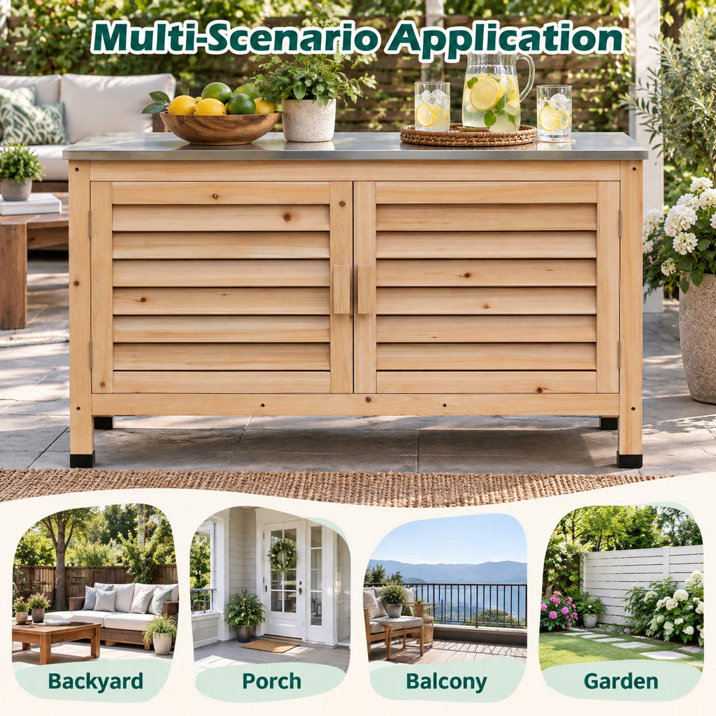 Airfind Patio Storage Cabinet with Stainless Steel Countertop and L-Shaped Shelf for Garden, 66 lbs Capacity, Fir Wood Stainless Steel Rubber Frame