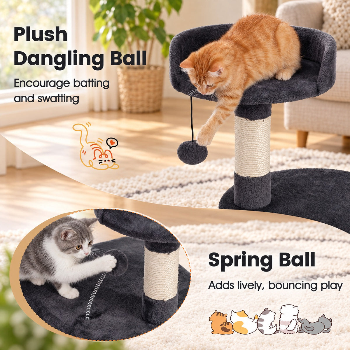Airfind 36 Inch Tall Kitten Tower with Condo and Plush Perch, 22 lbs Capacity, Engineered Wood Sponge Plush Fabric Sisal Base Frame, Dark Gray