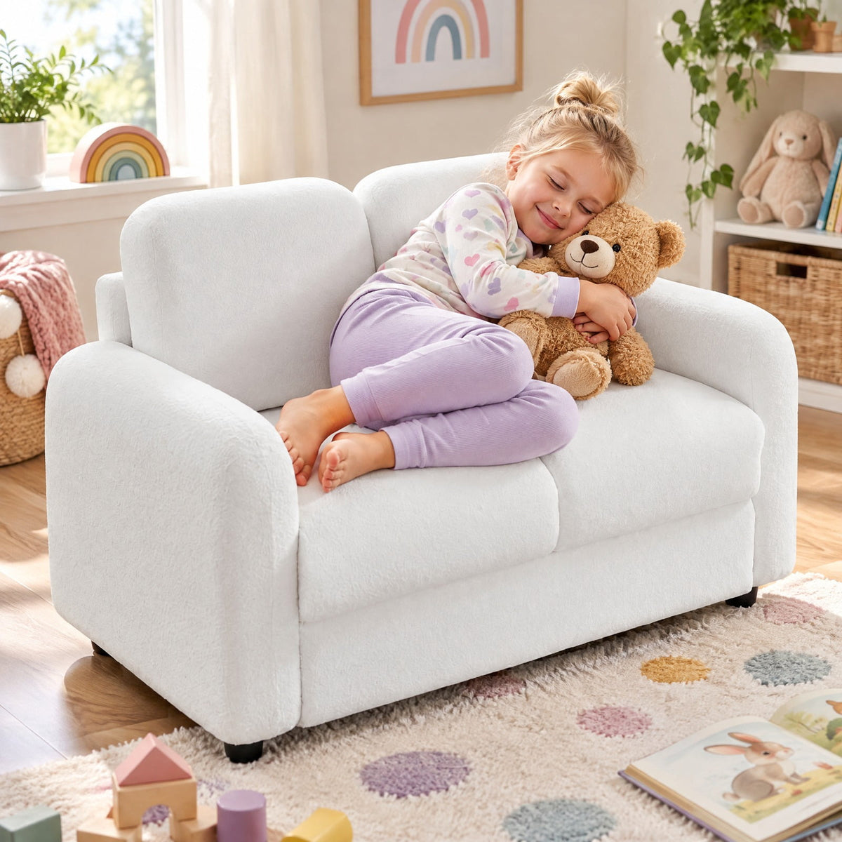 Airfind 2-Seat Kids Sofa Toddler Sofa Couch with Soft Teddy Fleece Upholstery and Solid Wooden Frame, 330 lbs Capacity, for 3+ Years Old, White