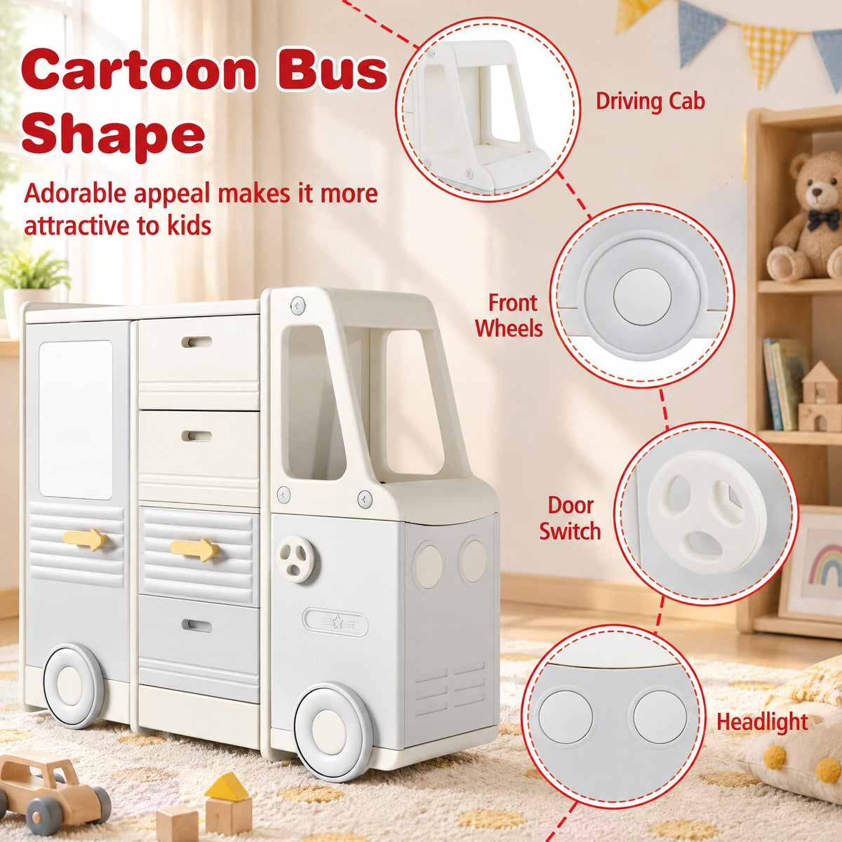 Airfind Kids Toy Storage Organizer Bus-shaped Children Cabinet with 4 Pull-out Drawers with Handles, 180 lbs Capacity, HDPE PP Frame, Grey