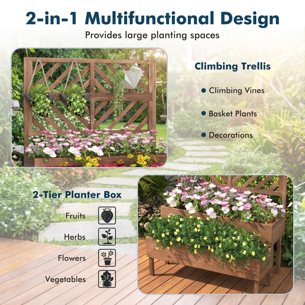 Airfind 2-Tier Raised Garden Bed with Trellis, Fir wood Frame, 43 x 24.5 x 53 (L x W x H) Interior Footprint, Brown