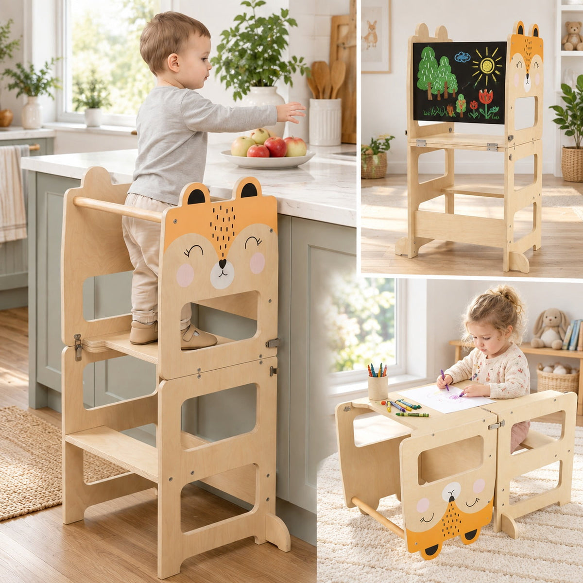 Airfind 3-in-1 Wooden Kids Toddler Kitchen Step Stool with Blackboard, 110 lbs Capacity, Poplar Wood Frame, for 18+ months, Orange