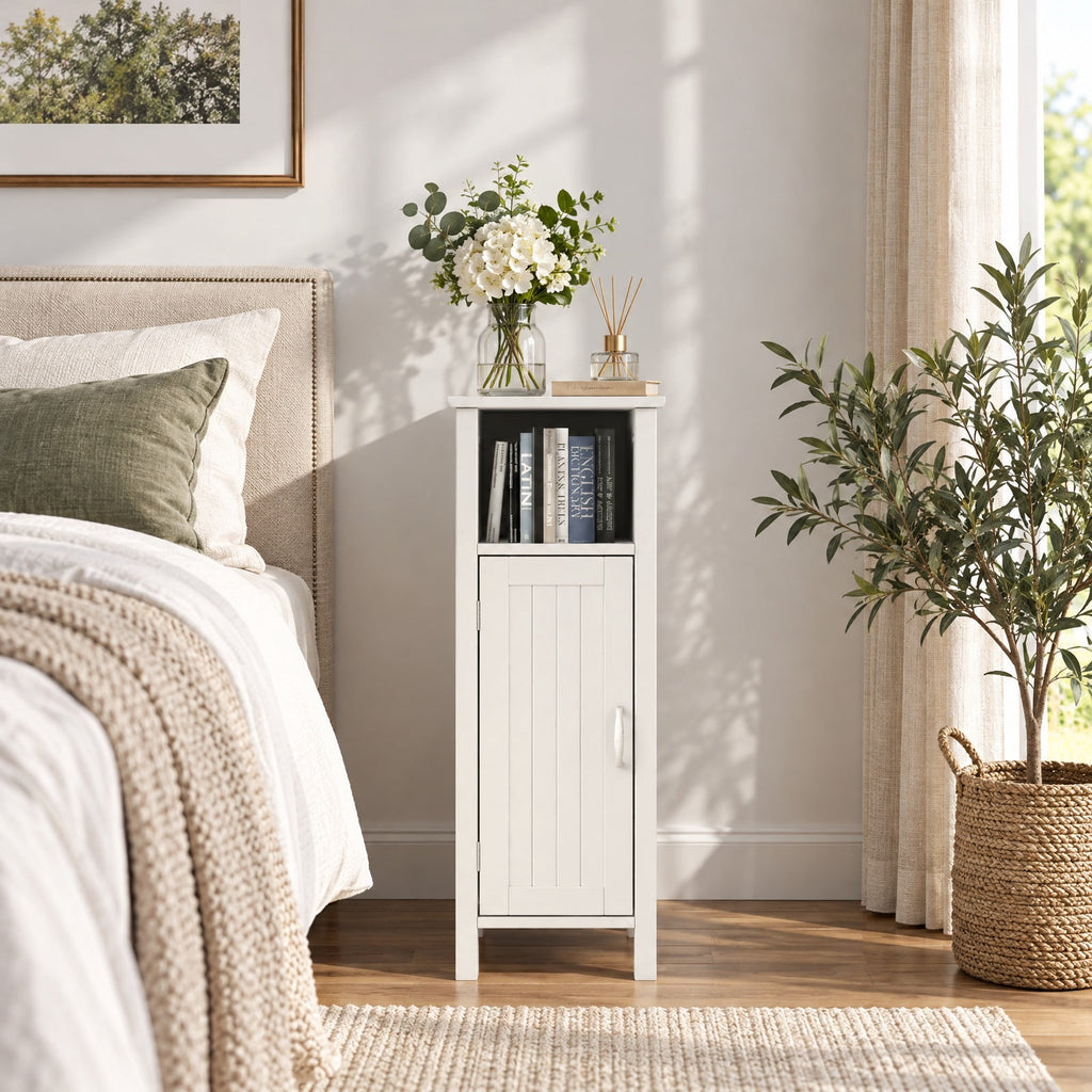 Airfind 1-Door Freestanding Bathroom Cabinet with Open Shelf, 66 lbs Capacity, MDF Frame, 12in x 12in x 31.5in Footprint, White
