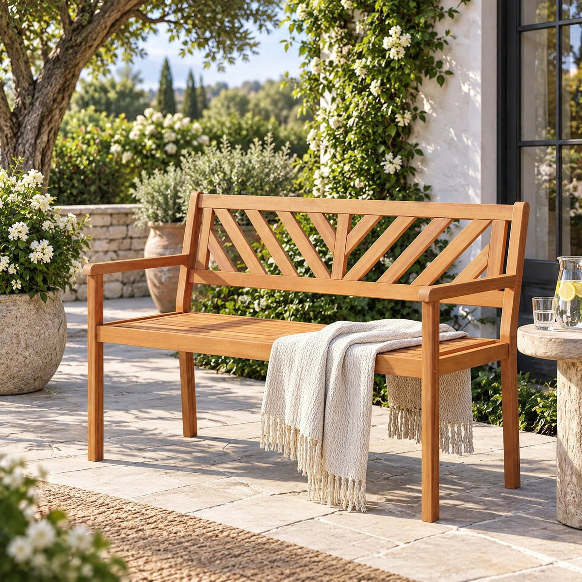 Airfind 2-Person Patio Acacia Wood Garden Chair with Armrests and Backrest for Porch, 800 lbs Capacity, Acacia Wood Frame, Teak