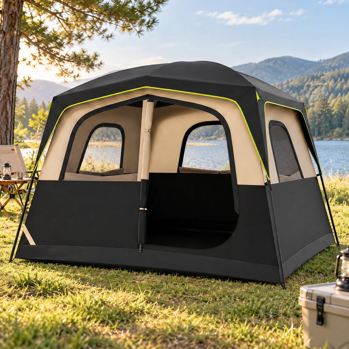 Airfind 6-Person Camping Tent Easy Setup Family Cabin Tent with Top Rainfly Mesh Windows, Fabric Fiberglass Metal Frame, 10 x 9 x 7 ft Footprint