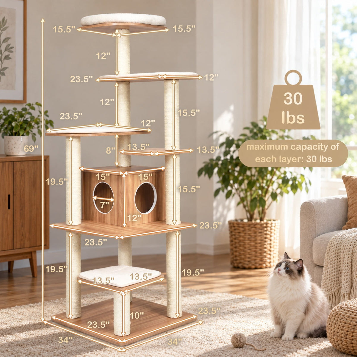 Airfind 7-Layer Wooden Cat Tree Tall Cat Tower with Sisal Posts and Condo, 33 lbs Capacity, Engineering Board Sisal Rope Plush Frame, Natural