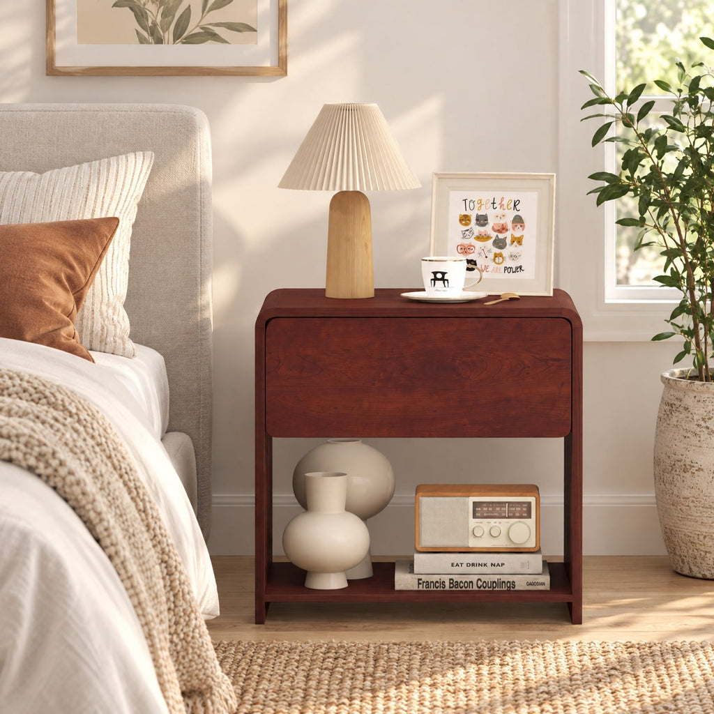 Airfind 2-Tier Modern Style Nightstand with Drawer and Open Shelf for Bedroom, in Total 77 lbs Capacity, Metal Engineered Wood Frame, Walnut