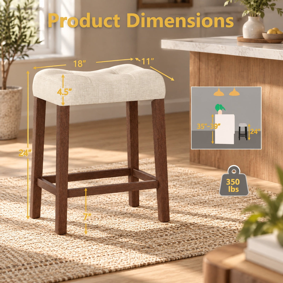 Airfind Set of 2 Upholstered Counter Height Bar Stool with Curved Saddle-Seat, 330 lbs Capacity, Rubber Wood MDF Fabric Sponge Frame, Brown