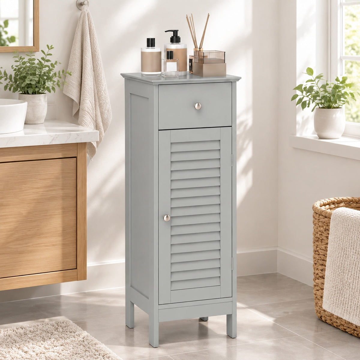 Airfind Narrow Bathroom Storage Cabinet with Adjustable Shelf and Drawer, 13in x 12in x 34.5inOverall Interior Footprint, Gray