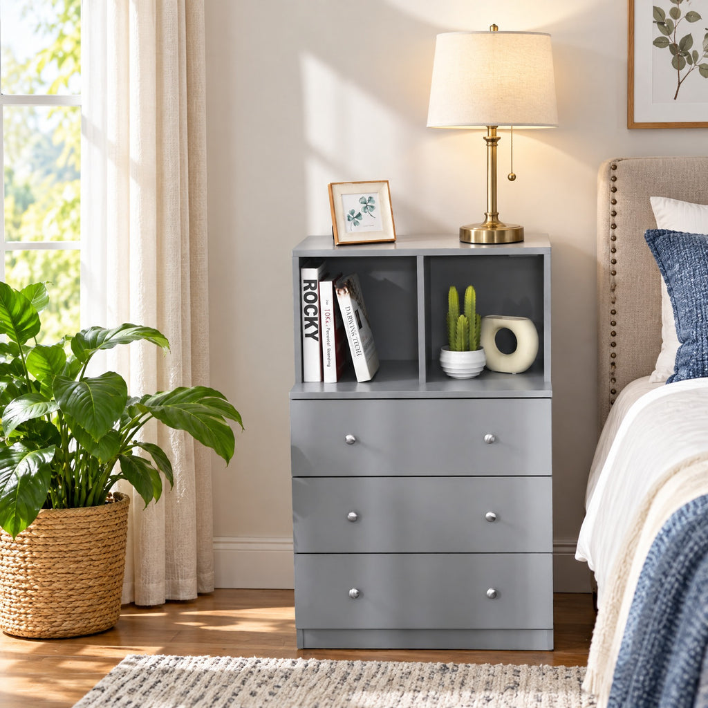 Airfind 3 Drawer Dresser with Cubbies Storage Chest for Bedroom Living Room, Engineered wood metal Frame, 24in x 16in x 37in Footprint, Gray