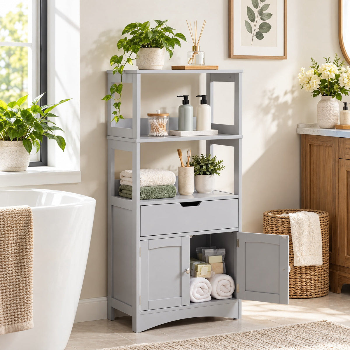 Airfind Bathroom Storage Cabinet with Drawer and Shelf Floor Cabinet, 20 lbs Capacity, MDF PB Frame, Gray