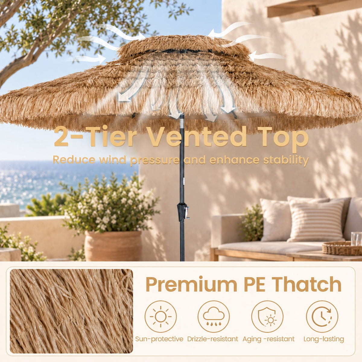 Airfind 10FT and 2-Tier Tiki Patio Umbrella with 8 Ribs, Polyester Fabric PE Metal External Frame, Brown